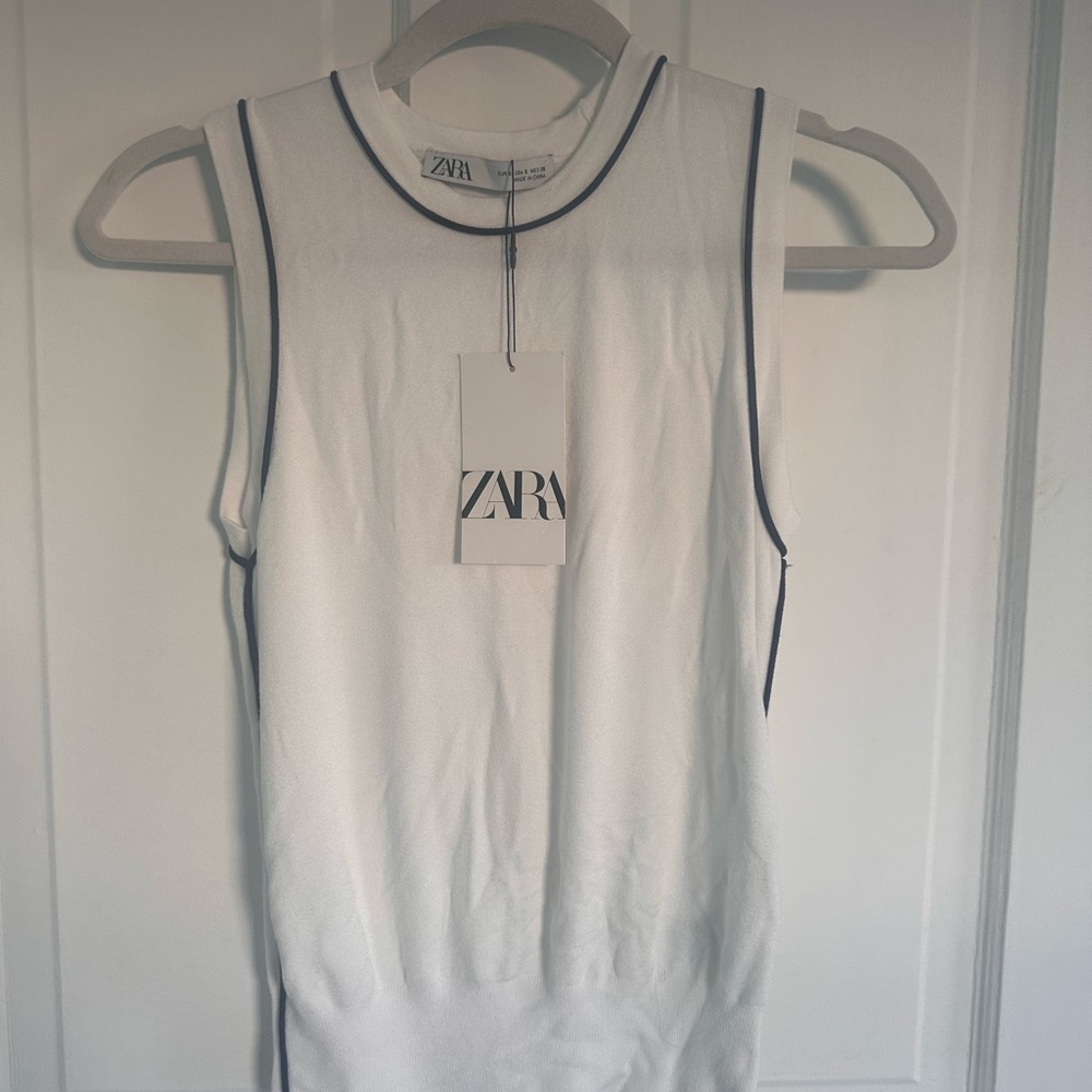 Zara White Tank Top with Navy Piping Trim (S)